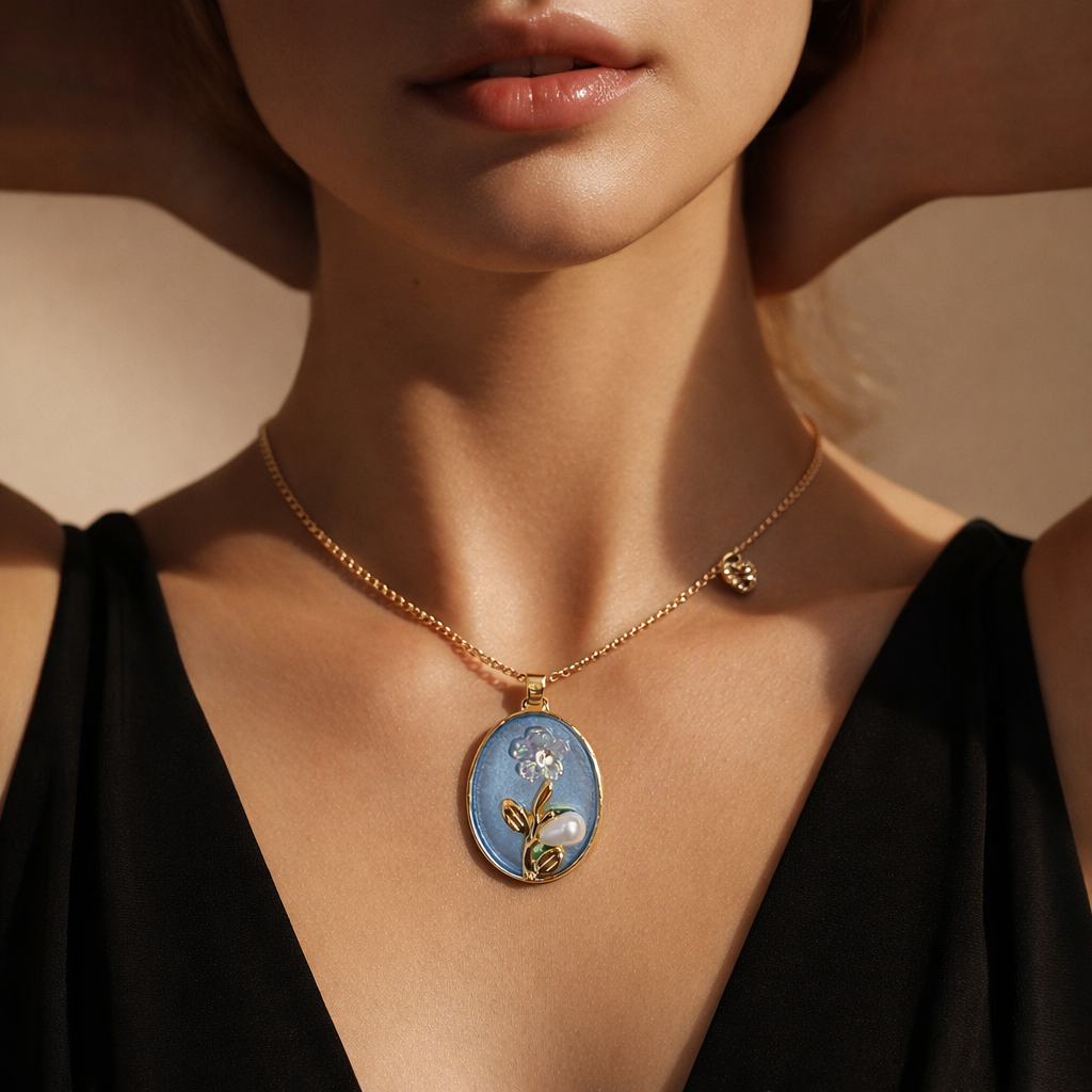 Blue Enamel Floral Pearl Pendant Necklace in Gold Finish