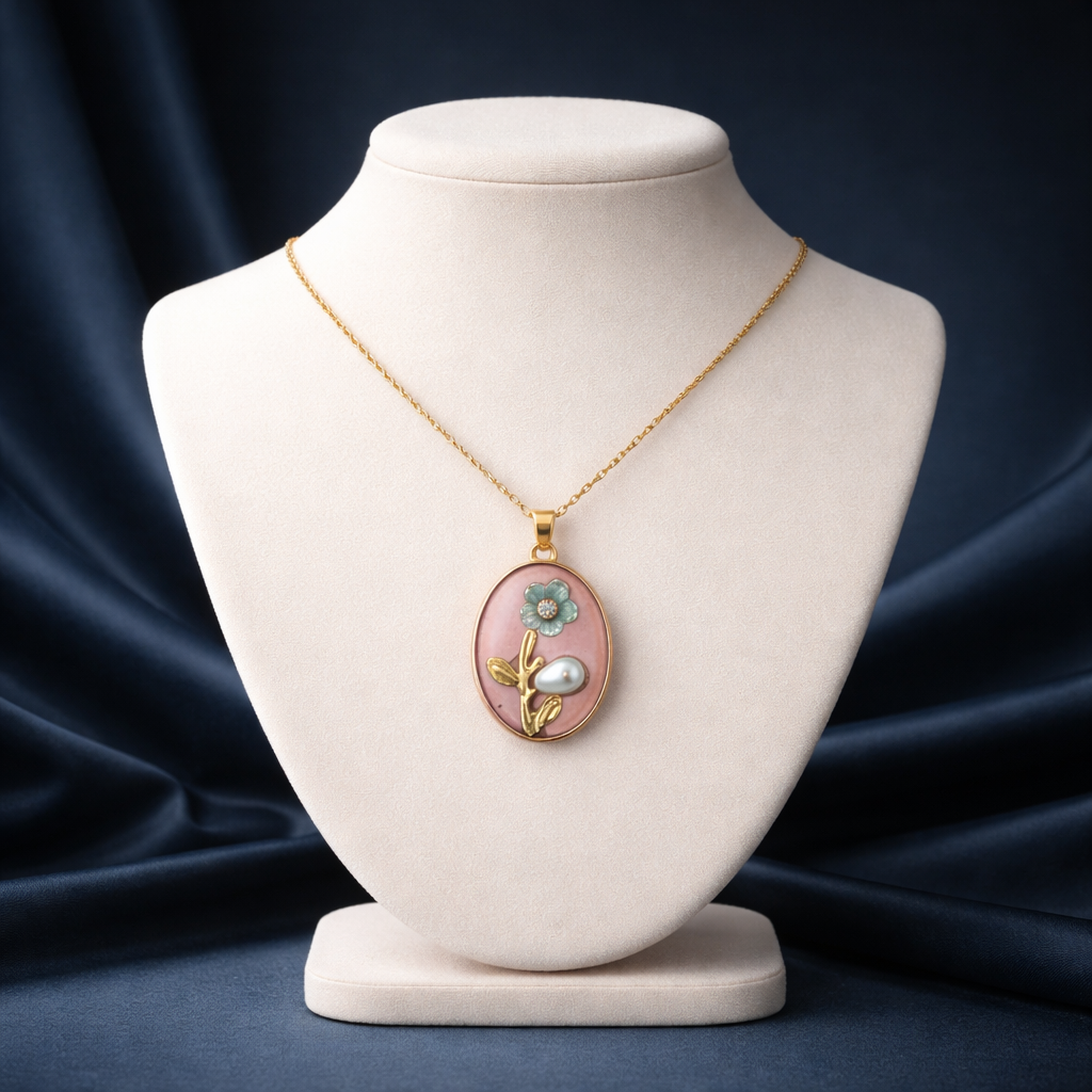 Floral Pearl Enamel Pendant Necklace