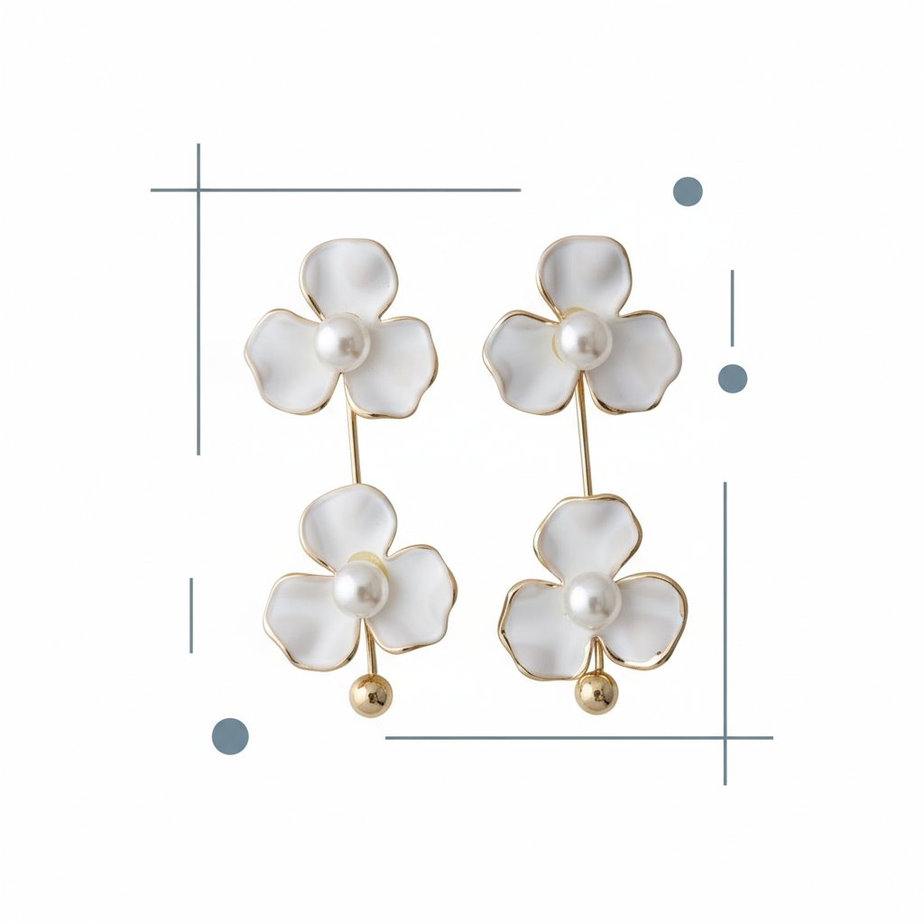 White Floral Pearl Drop Earrings in Gold Finish