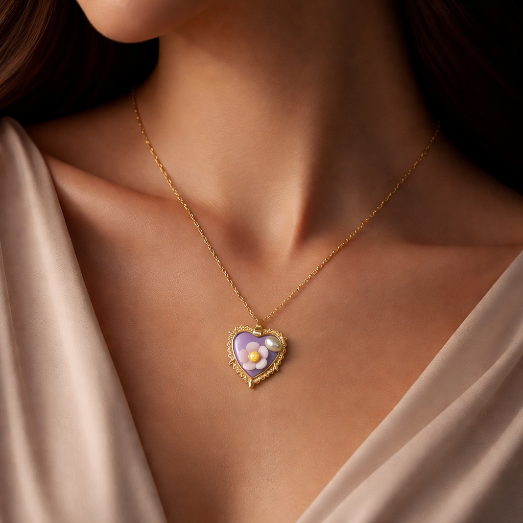 Elegant Heart Floral Enamel Pendant Necklace