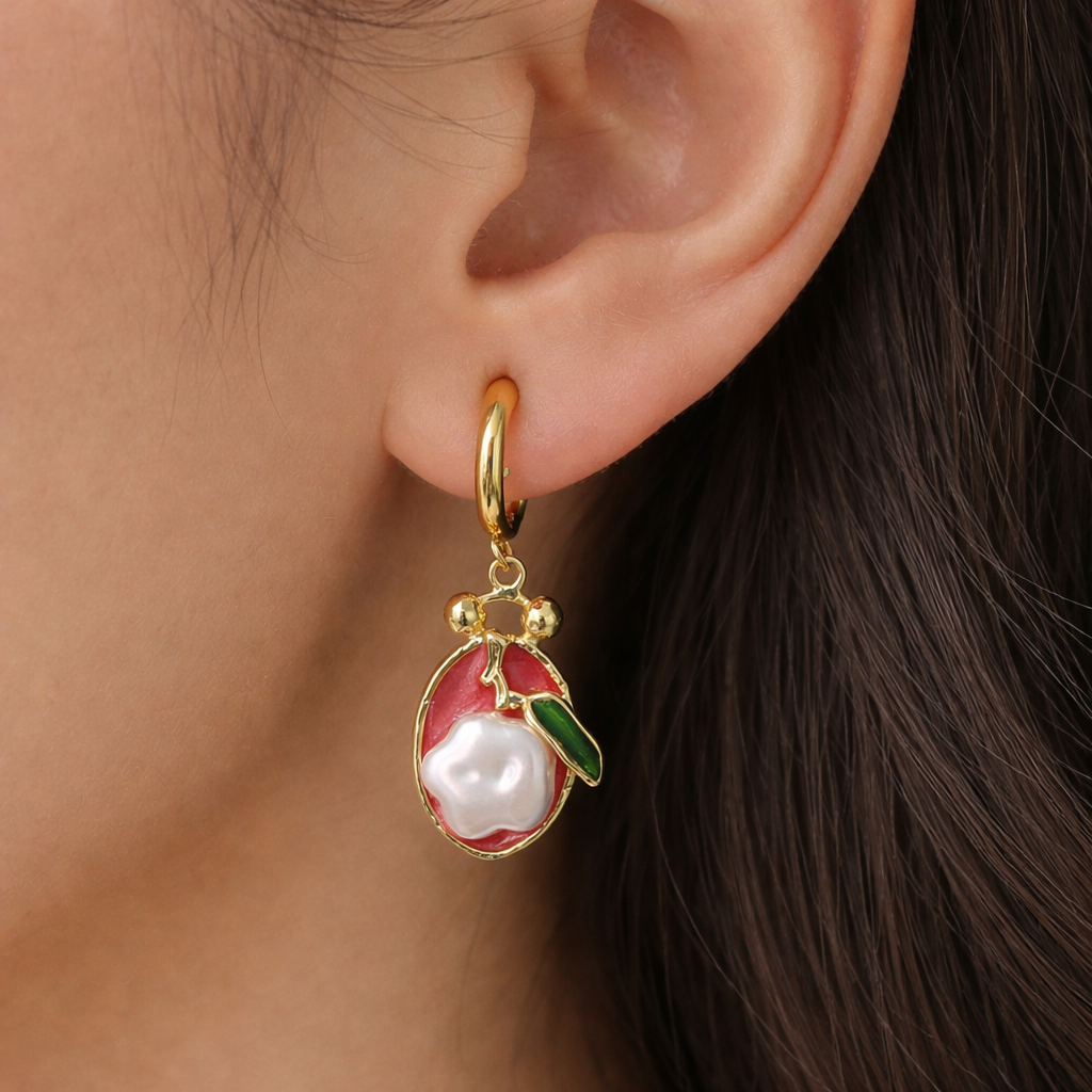 Cherry Pearl Enamel Drop Hoop Earrings